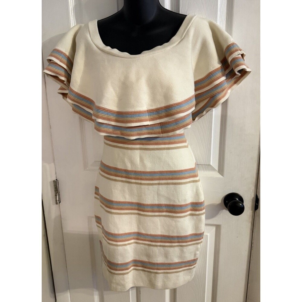 Endless Rose Women's Size L Off Shoulder Ruffle Knit Dress Cream Striped NWT